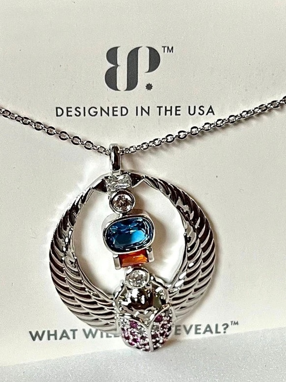 Bomb Party Retro RBP2642 The Winged Scarab Necklace Silver Blue NWT